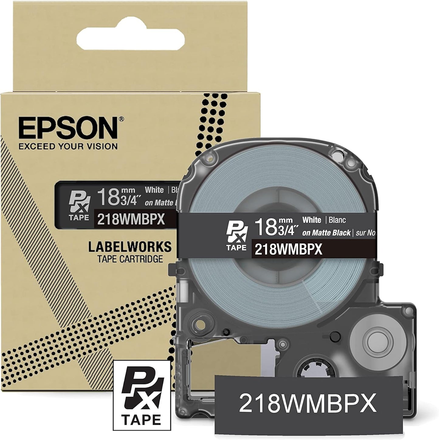 Epson LABELWORKS 218WMBPX Genuine PET (Polyester) Tape Cartridge - White on Matte Black Designer Craft Label Maker Tape - 3/4" (18MM) Wide, 26'