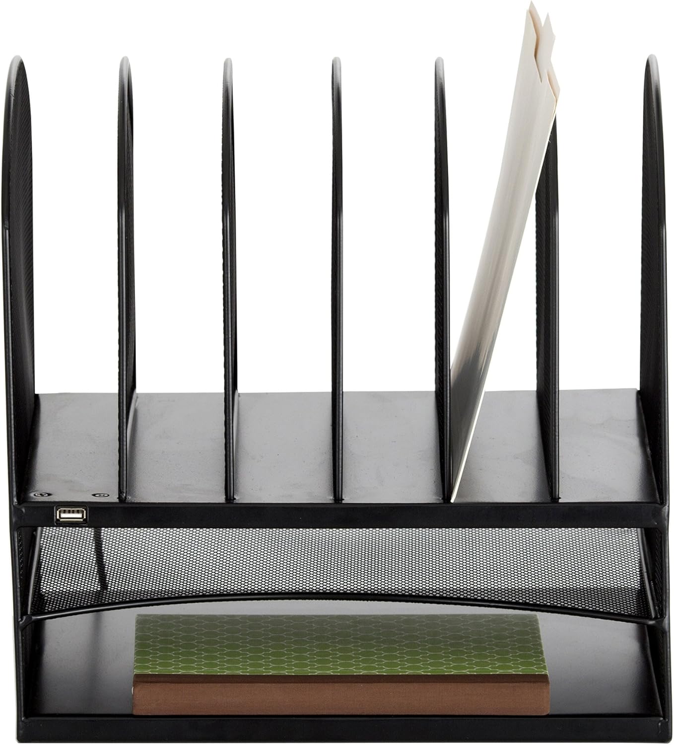 Safco 3233BL Onyx Mesh Powered Charging Station Desktop Organizer with 6 Vertical, 2 Horizontal Sections and USB Port, Black, 13.25"W x 11.5"D x 13"H