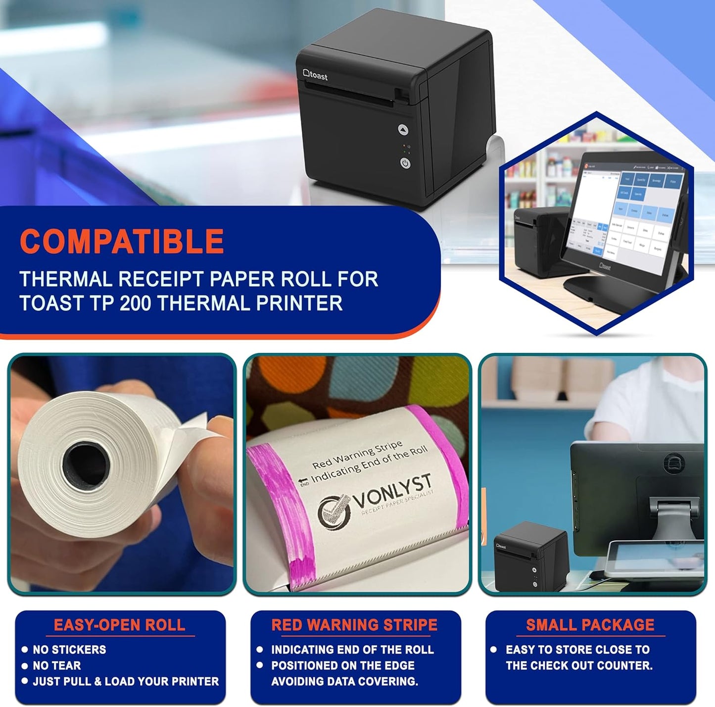 Thermal Printer Paper Roll for Toast TP200 Receipt Printer Point of Sale (12 rolls)