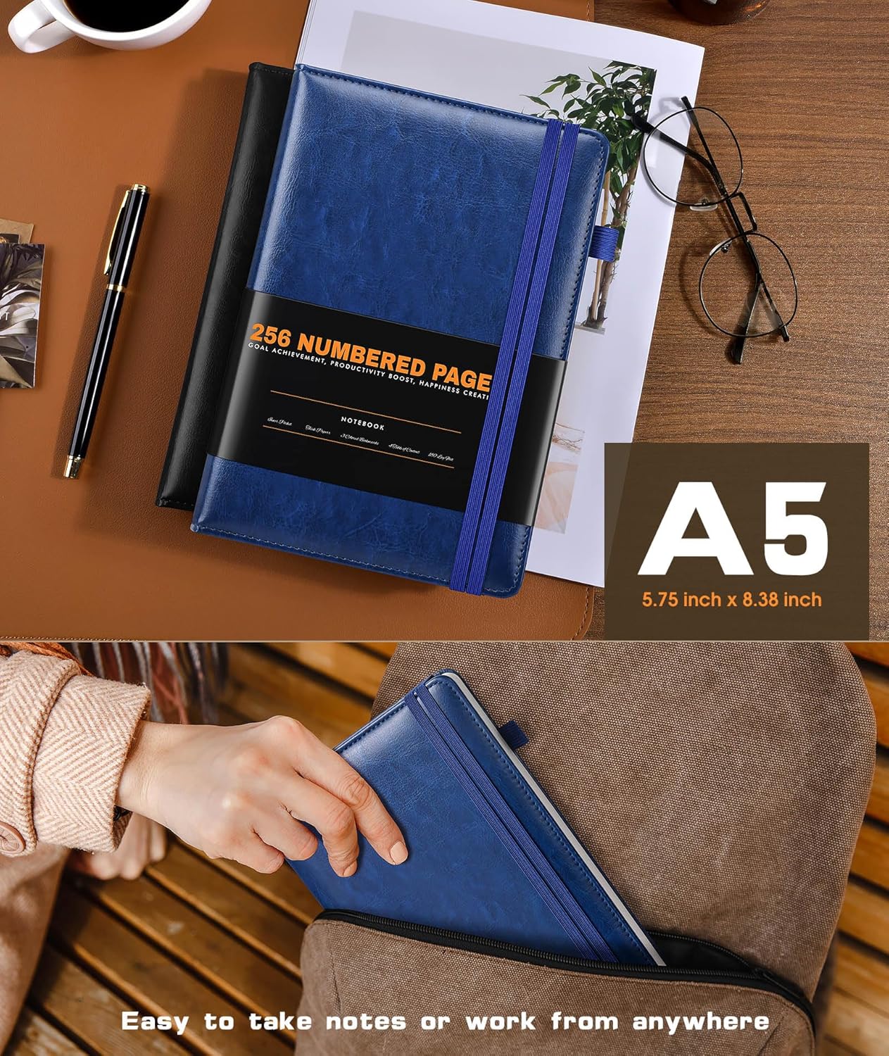 Lined Journal Notebook for Women Men, 256 Numbered Pages Hardcover Leather Journals for Writing, A5 Journaling Notebooks, College Ruled Journal for Business Work School 5.75" x 8.38" Navy Blue