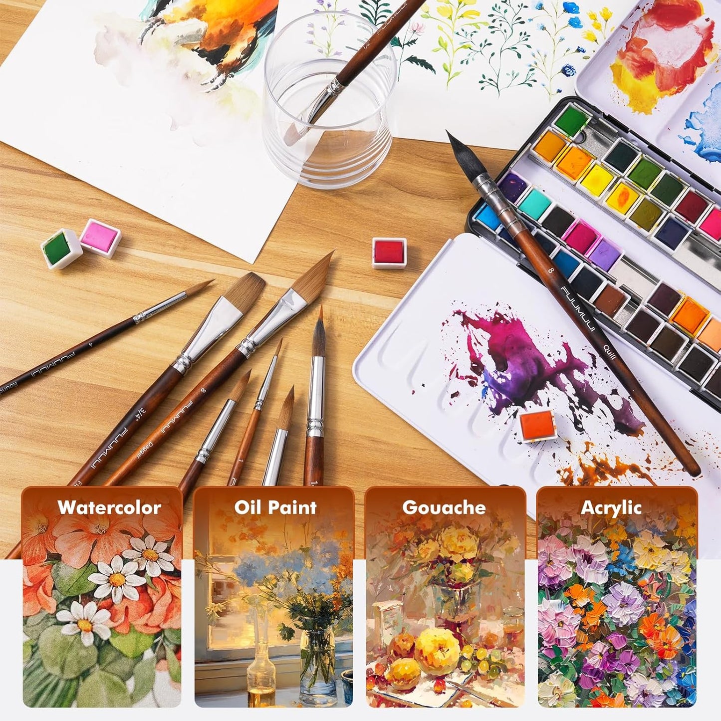 Watercolor Brushes Professional, Fuumuui 9pcs Sable Paint Brushes & Natural Squirrel Mop Brush Set with Extended Needle, Round Point, Flat, Dagger, Quill Wash for Watercolor Gouache Inks