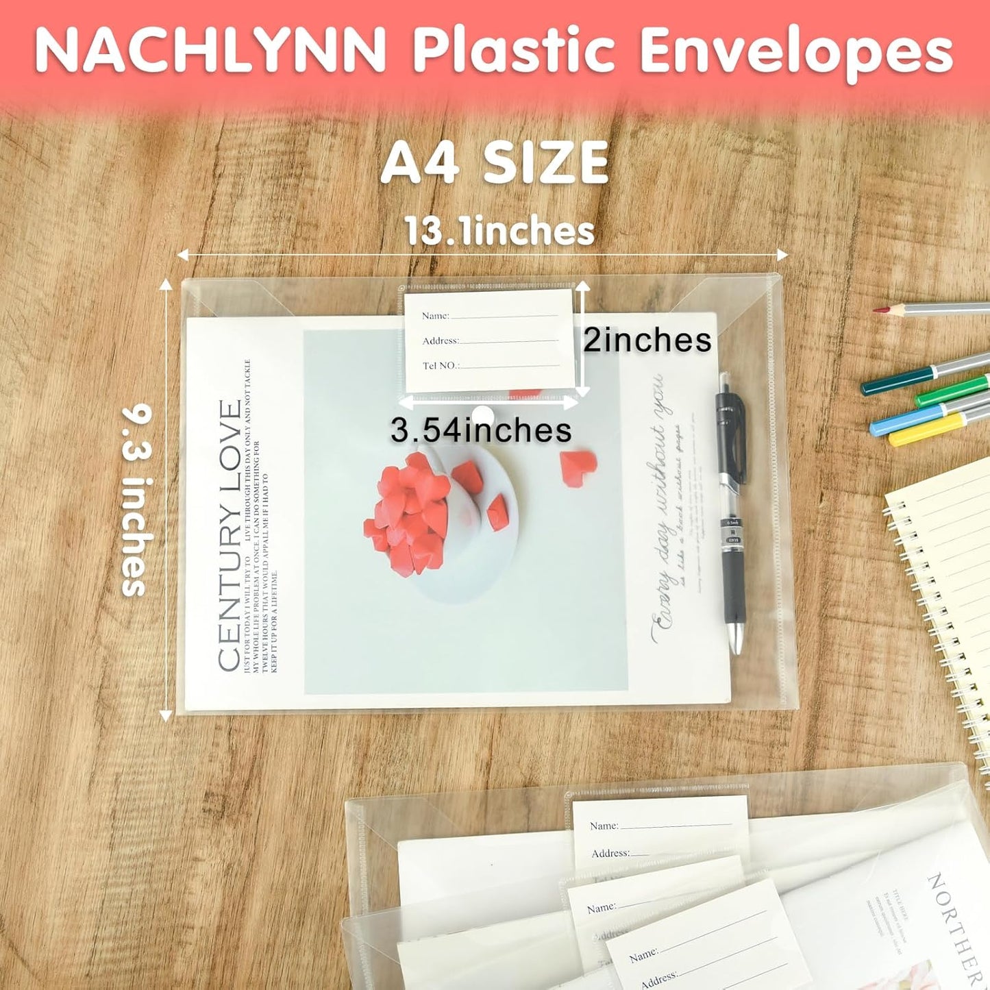 NACHLYNN 48pcs Plastic Envelopes Plastic Folders with Snap Closure, A4 Size Clear File Envelopes with Label Documents Folders Organizers for Home Work Office Organization