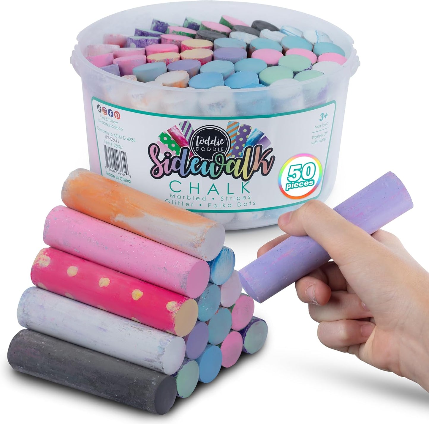Loddie Doddie-Bucket of Sidewalk Chalk-Long lasting Non-Toxic Jumbo Sticks- Reusable Bucket for hours of fun and creativity with easy clean up! (Multi)