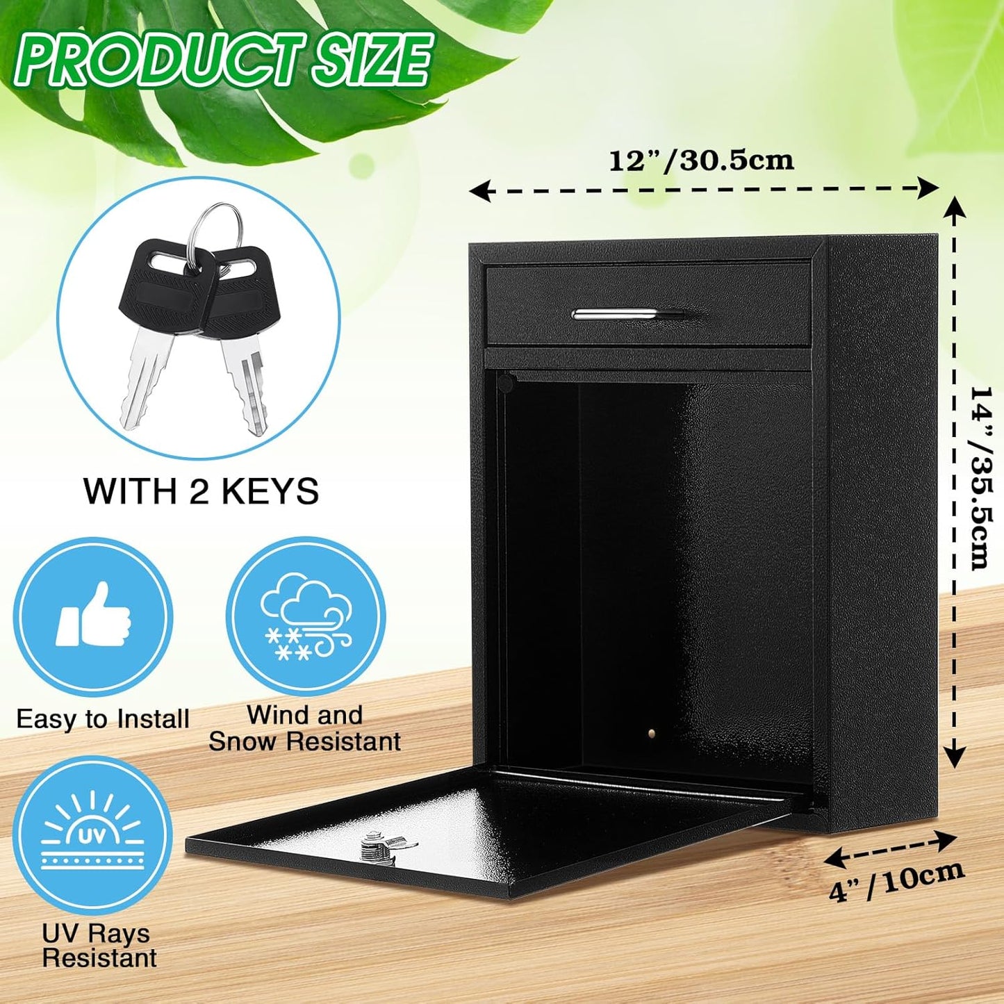 Locking Mailbox with Key for Outdoor 14 x 12 x 4 Inches Large Wall Mount Mail Box with Lock Security Mail Drop Metal Collection Boxes Hanging Secure Postbox (Black)