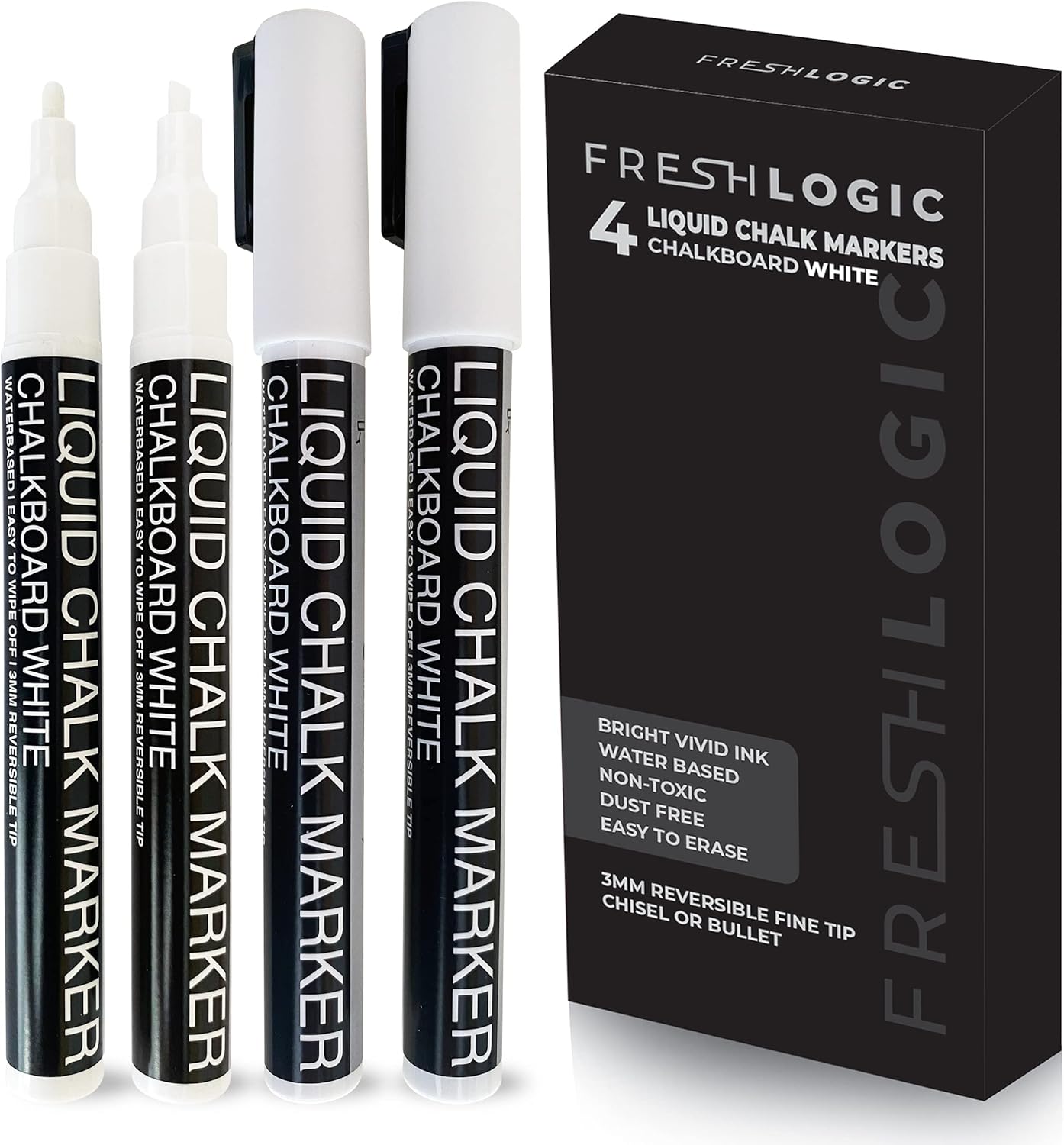 Liquid Chalk Markers - 4 White Fine Tip Chalk Pens, Erasable, Non-Toxic, Water-Based, Kids & Adults - White Chalk Markers for Blackboard, Glass, Chalkboard Paint for Businesses, Restaurants