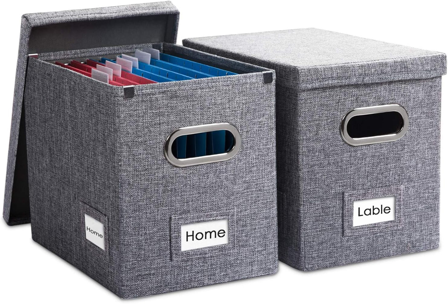 PRANDOM File Organizer Box - Set of 2 Collapsible Decorative Linen Filing Storage Hanging File Folders with Lids Office Cabinet Letter Size Grey (14x9.3x10.8 inch)