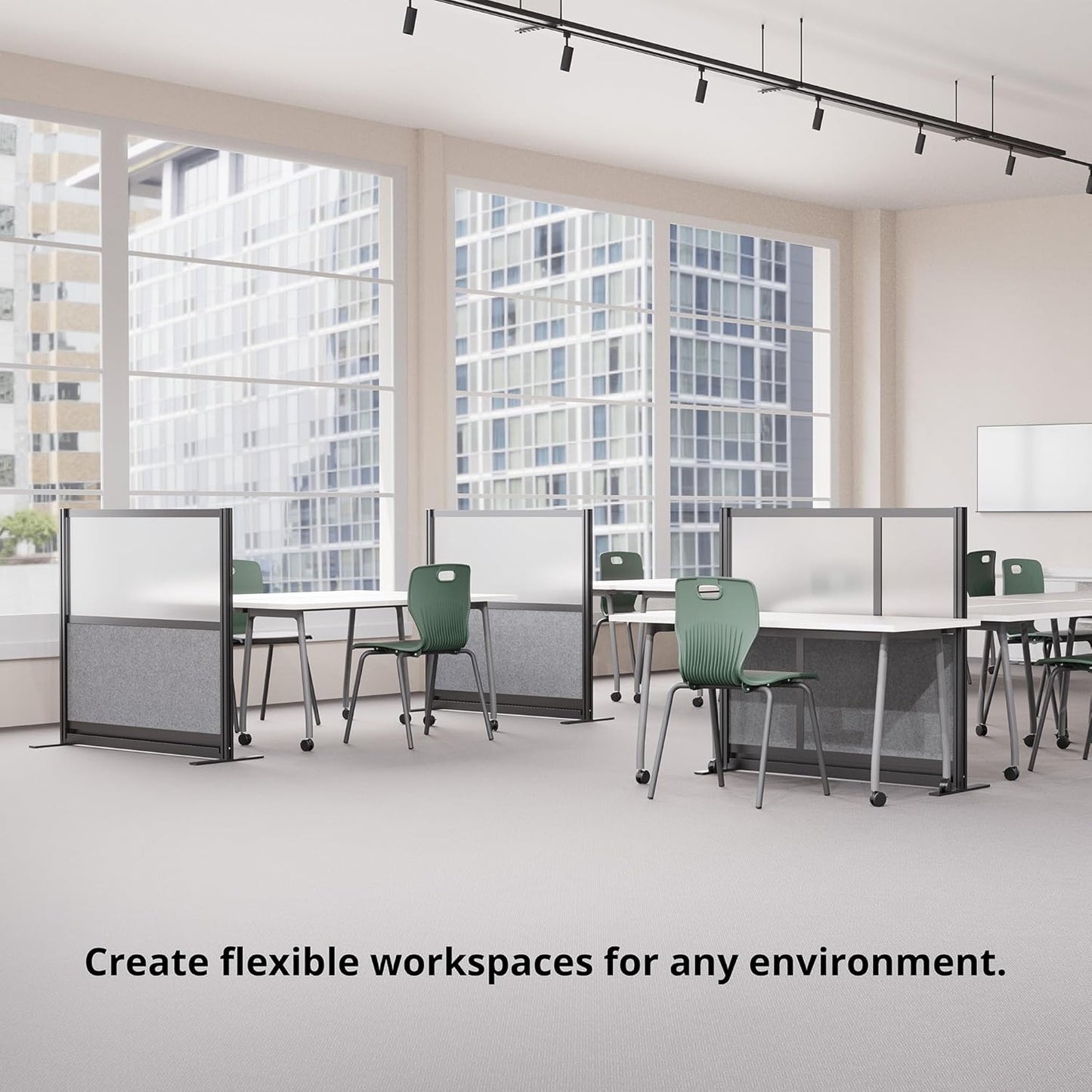 Stand Up Desk Store Workflow Modular Wall | 70'' x 70'' Wall | Expandable Partition Room Divider with Rearrangeable Frosted Acrylic, Sound Absorbent and Whiteboard Wide Panels (Black Frame)