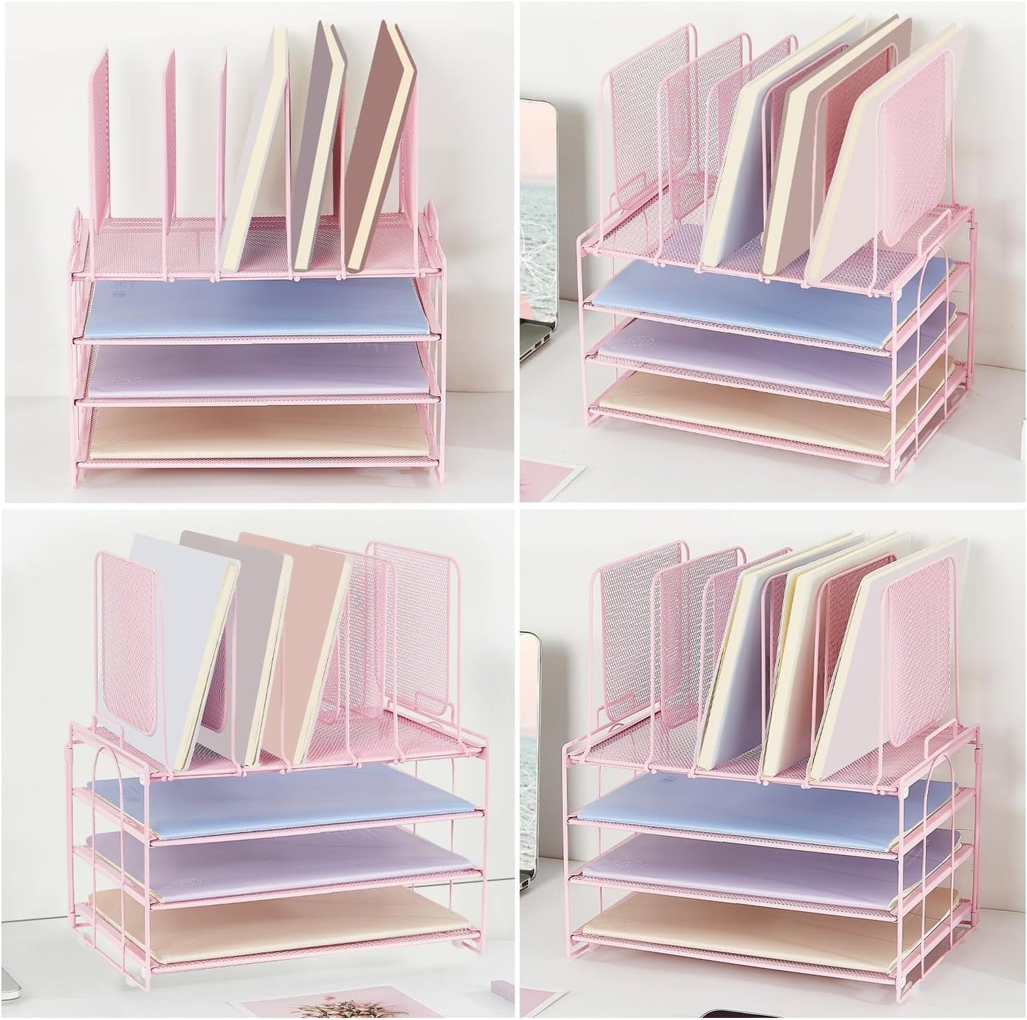 Paper Desk Organizer, 3-Tier Letter Tray with 5 Vertical File Holders, Multifunction Desktop Folder Organizers and Accessories for Home Office(Pink), LK-3CB