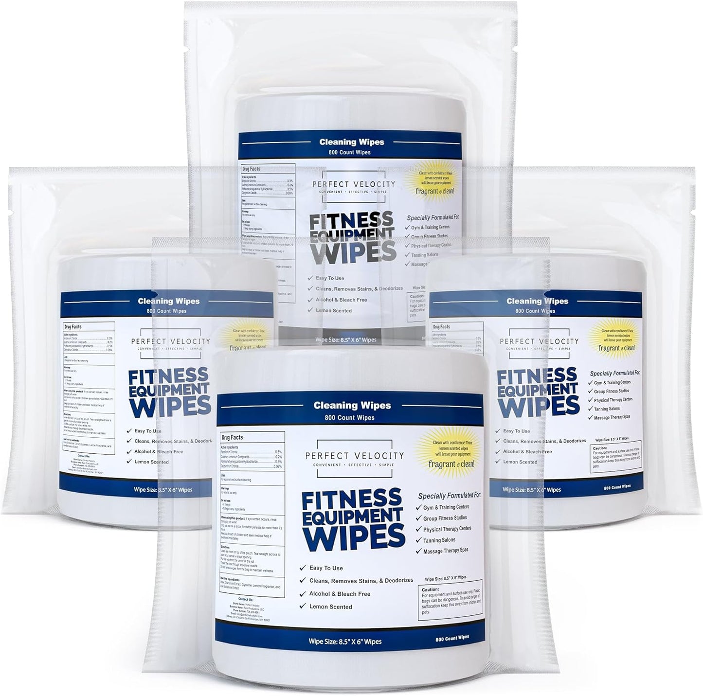 Fitness Gym Equipment Wipes - 4 Rolls of 800 Pre-Moistened Cleaning Refill Wet Wipes - For Upwards and Downwards Dispensers