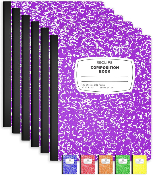 E-CLIPS USA Composition Notebooks, (6 Pack), Wide Ruled Composition Notebook, Marble Composition Notebook, 100 sheets, 200 Pages (6, Purple)