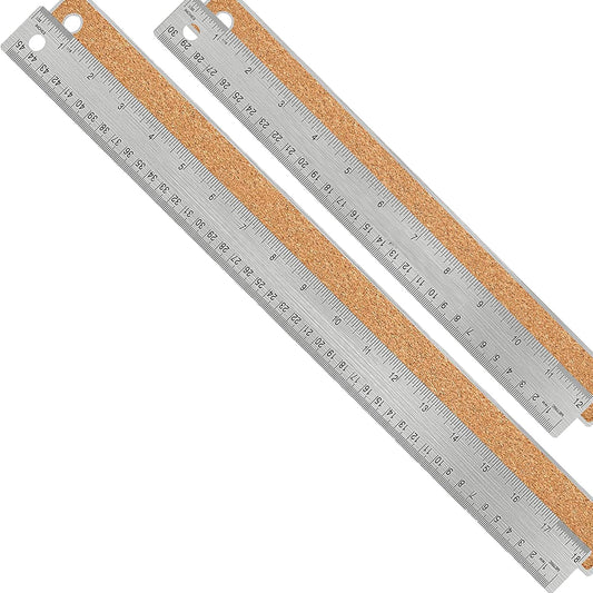Metal Ruler with Cork Backing, 12 Inch & 18 Inch Stainless Steel Rulers, Non-Slip Straight Edge Measuring Tools with Inch and Centimeter Markings for School, Office, Woodworking