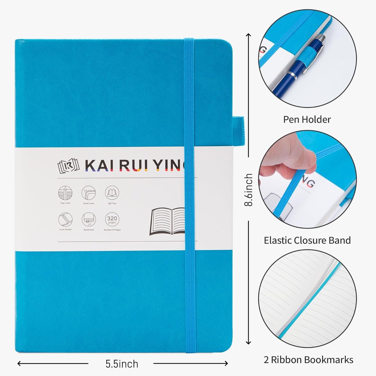 KaiRuiYing Lined Journal Notebook with Pen Holder, 320 Pages, 5.5'' × 8.6'' Medium Size A5-100 GSM Thick Paper, for Writing, Work, Office, Leather Hardcover