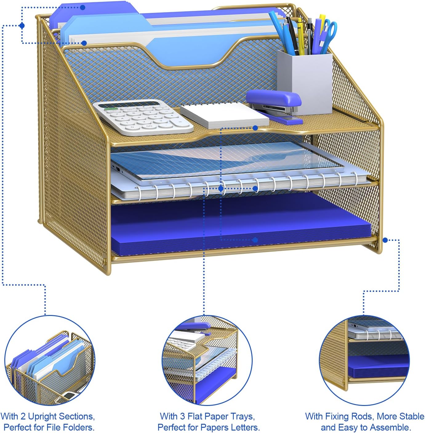 Samstar Gold Desk File Organizer, Mesh Letter File Folder Holder with 3 Paper Trays and 2 Vertical Upright Section, Gold