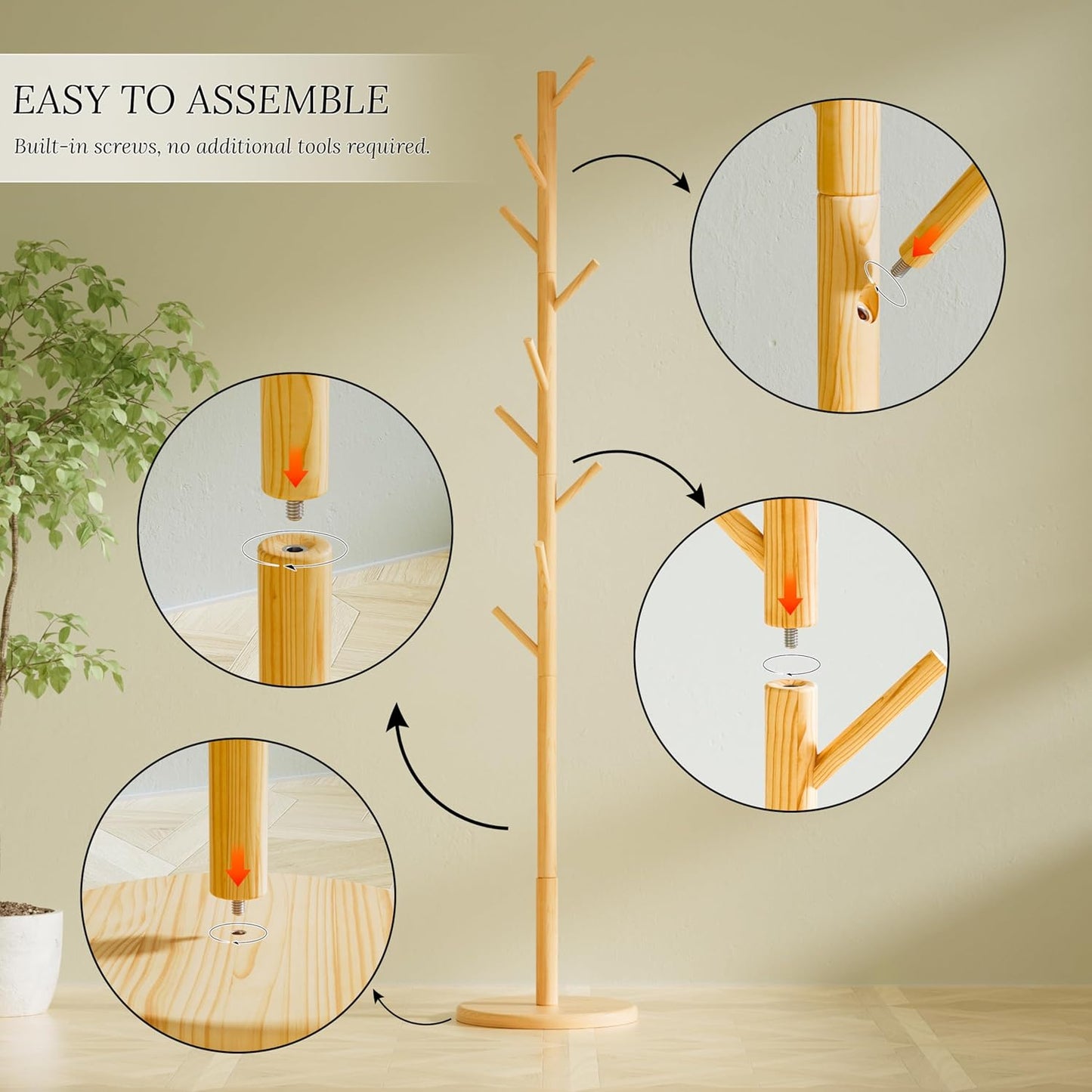 Wooden Coat Rack Freestanding with Round Base, Adjustable 4 Heights Sturdy Coat Hanger Stand 9 Hooks for Hanging Bags, Hats, Save Space Coat Tree for Narrow Place, Entryway, Bedroom, Office (Natural)