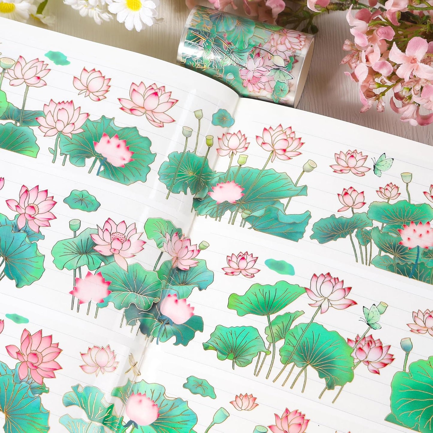 PET Tape for Journal Scrapbooking - Green Pink Lotus Journal PET Tape Scrapbook Supplies, Scrapbook Notebook Bottle Crafts Décor