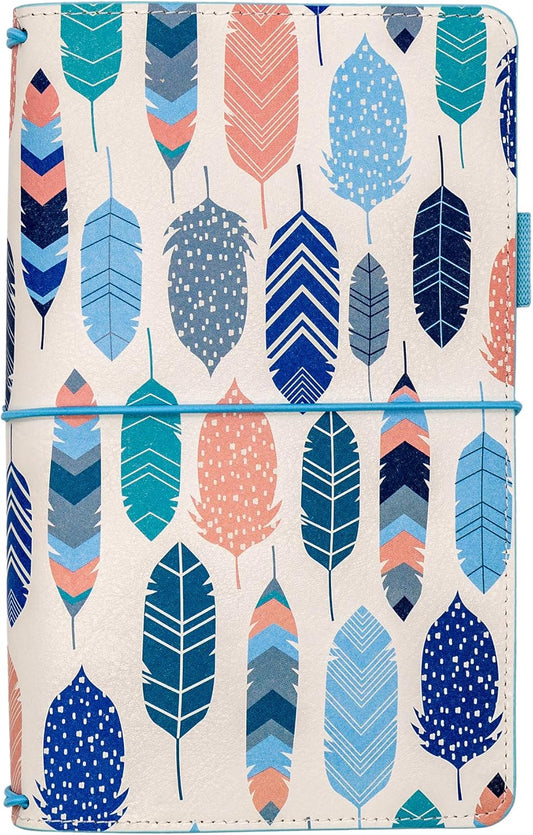 Pukka Pad, Carpe Diem Refillable Traveler’s Notebook Cover – Faux Leather Portfolio with Blank and Lined Notepads – Includes 6 Pockets, Pen Loop, and Elastic Closure – 8.5 x 5.5 Inches, Feathers