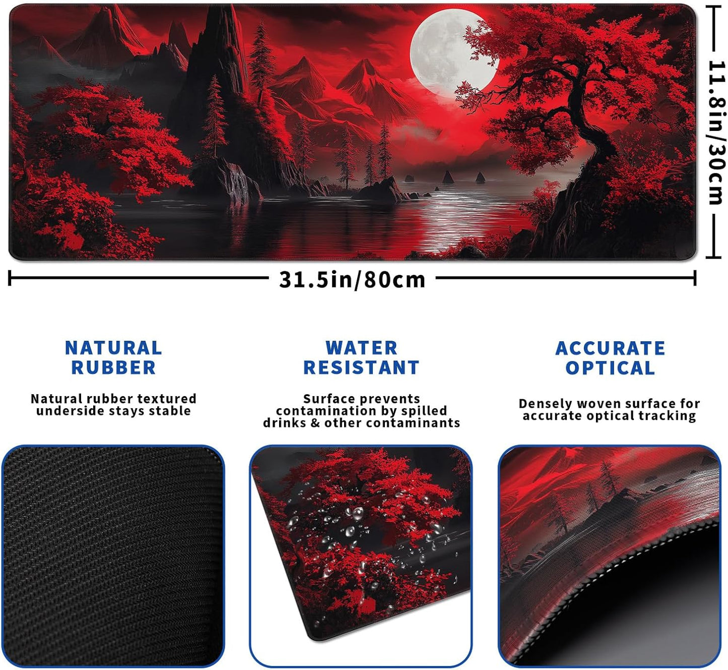 Darkness Red Moon Mouse Pad Abstract Red Mouse Pad 31.5x11.8 Inch Geometric Texture Non-Slip Rubber Base Large Mousepad Stitched Edges Keyboard Mouse Mat Desk Pad for Office and Home