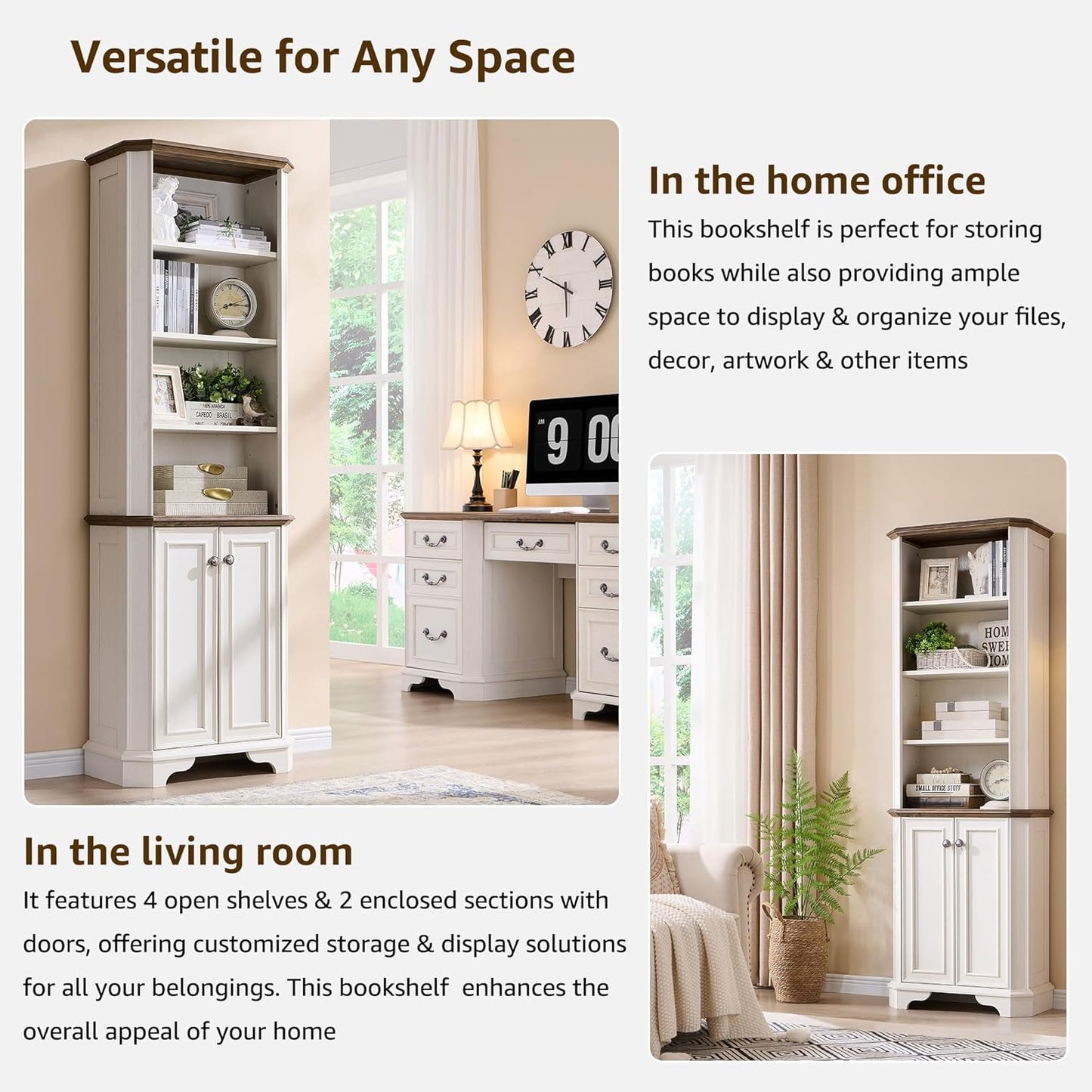 T4TREAM 6-Tier Bookshelf with Storage, 72" Tall Farmhouse Bookcase with Doors and Adjustable Shelves, Wooden Floor Standing Display Book Shelf Organizer for Home Office, Antique White