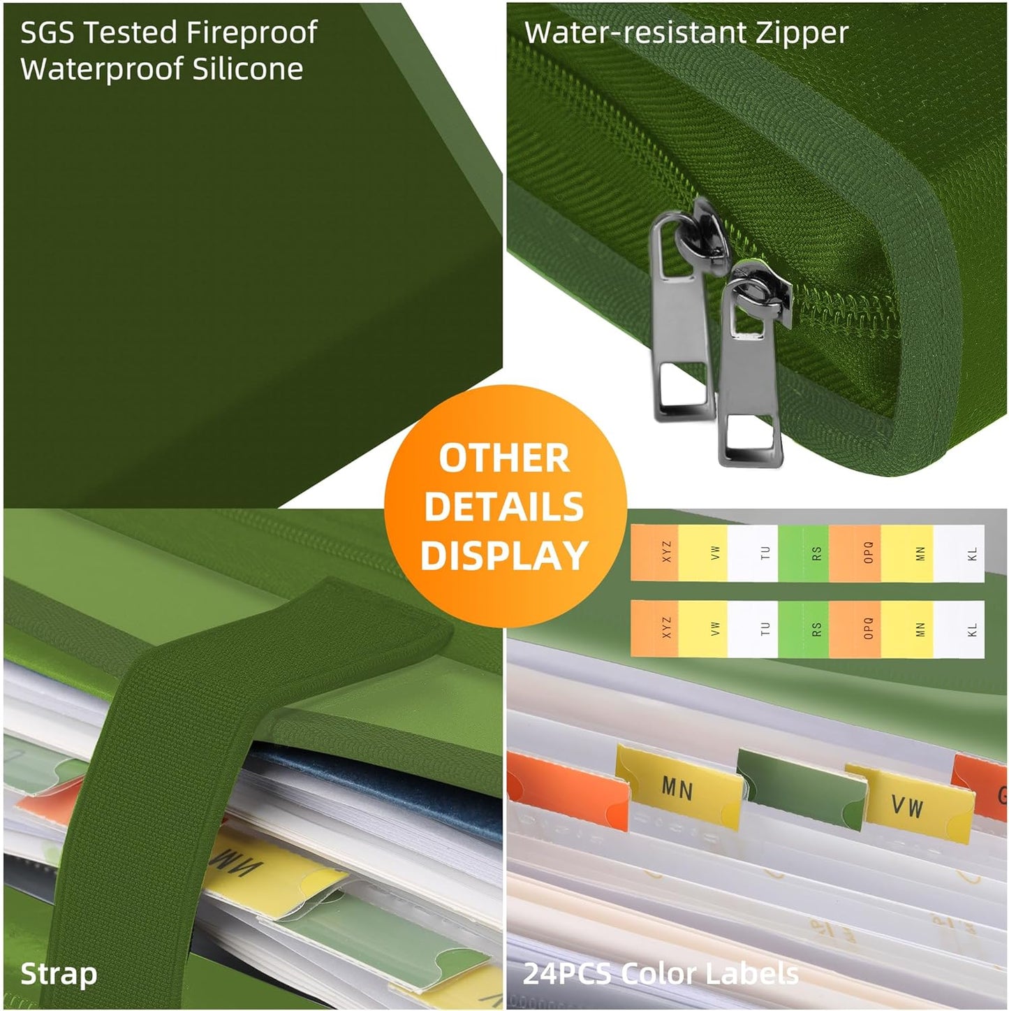 JUNDUN Accordion File Organizer - Fireproof Accordion Folder with Zipper & Labels - 12 Pocket Expanding File Folder with Multi-Pockets Paper Organizer Folder for Letter A4 Files More (Green)