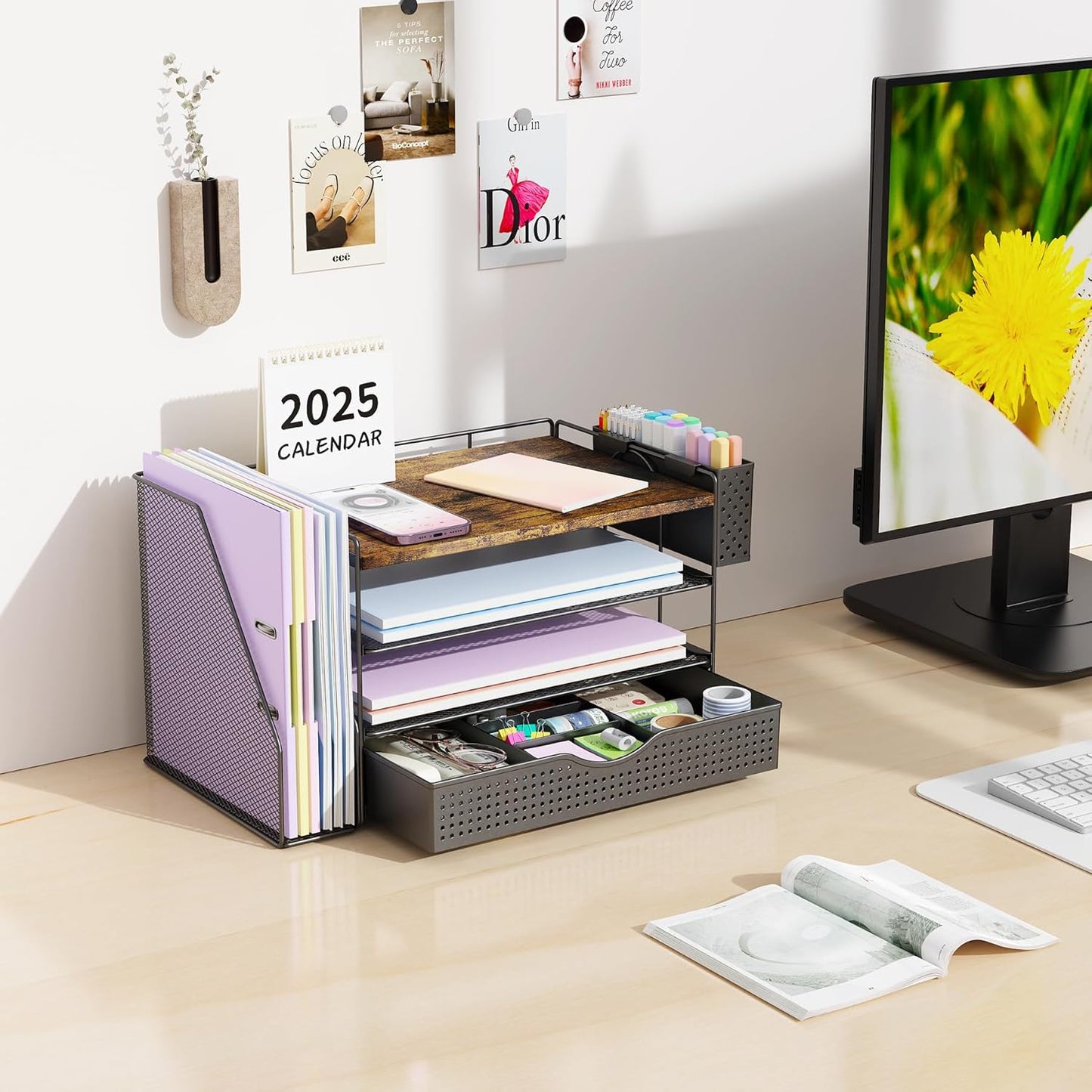 Wood Desk Organizers and Accessories with File Holder, 4-Tier Desk Accessories & Workspace Organizers with Drawer and Pen Holder, Paper Organizer for Office Supplies (Wood)