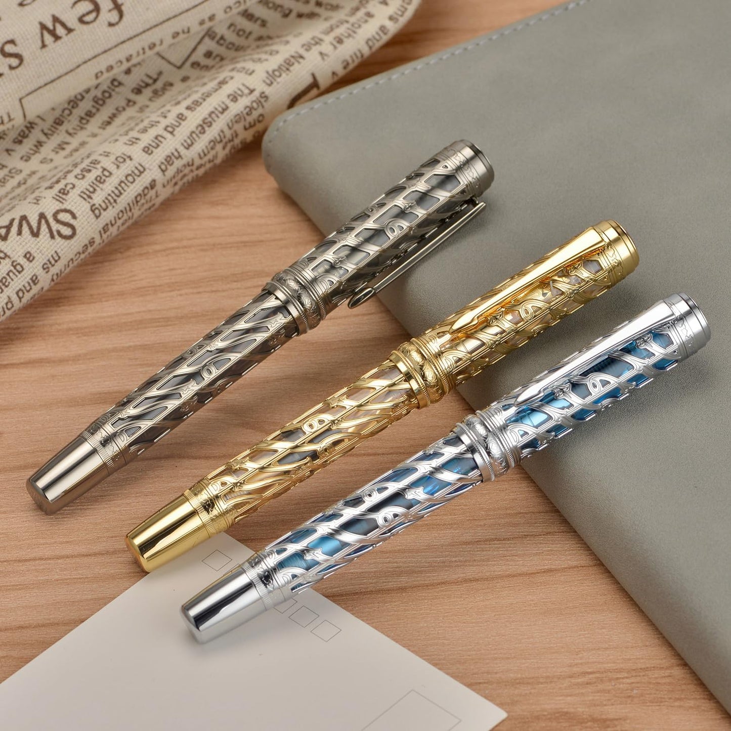 Hongdian A6 Piston Fountain Pen Fine Soft Nib, Silver Blue Hollow Skeleton & Resin Pen with Metal Case Set