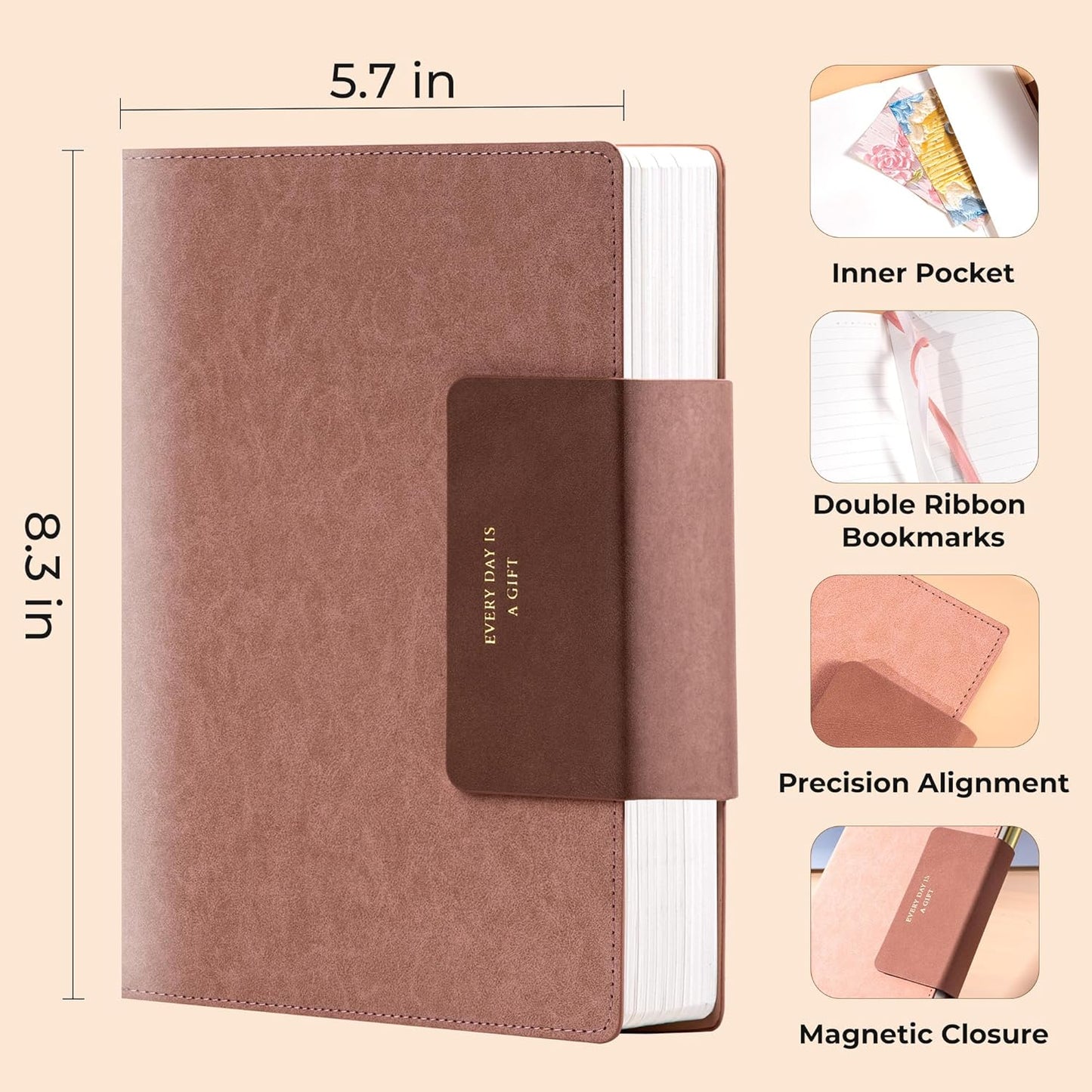 MINICAGIE Lined Leather Journals for Writing A5 Journaling Notebooks with 100 GSM Thick Paper Journal Notebook for Men & Women with Buckle Closure, Work Travel Note Taking Diary, 5.7" x 8.3", Pink