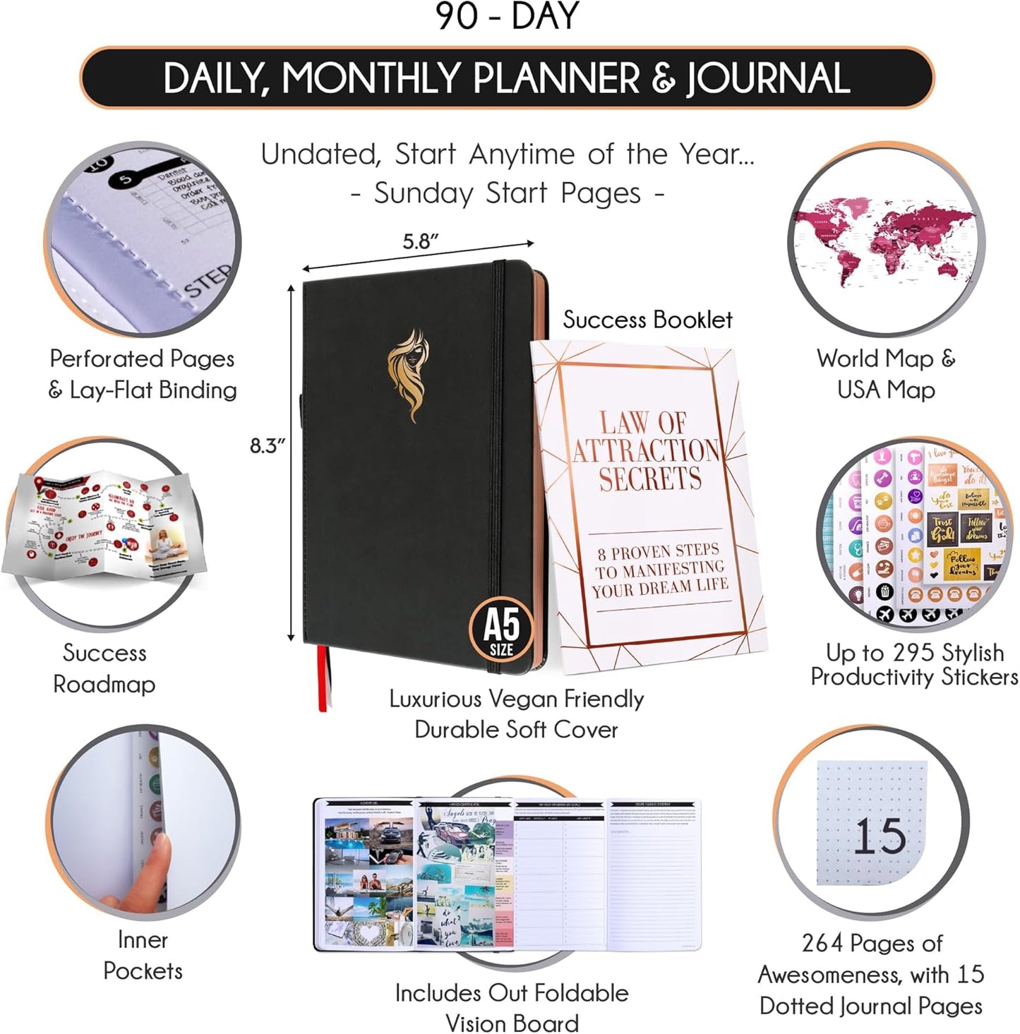 Gratitude Journal for Women & Men - 5 Minute Self Care Journal | 90-Day Undated Daily Planner for Positivity, Affirmations & Manifestation | Guided Mindfulness, Reflection | Vision Board + Stickers