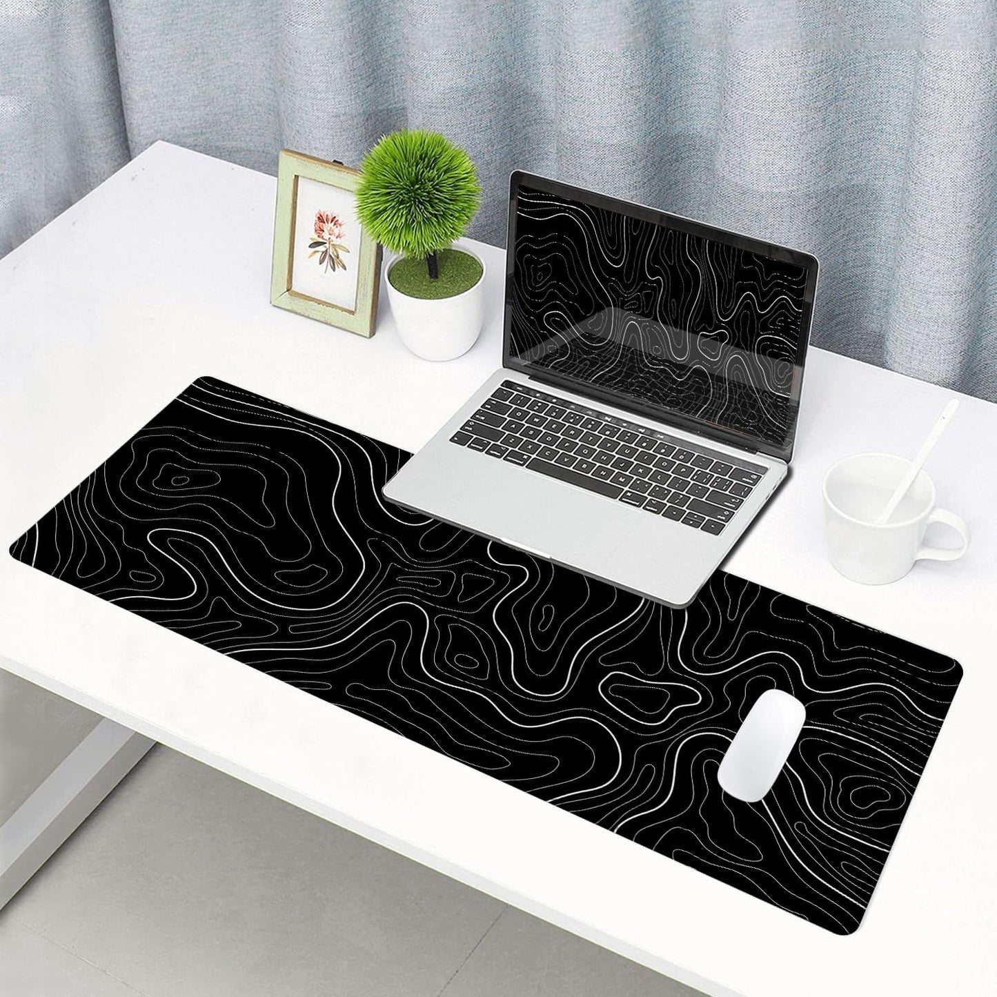 Large Mouse Pad, Extended XL Gaming Mousepad, Non-Slip Rubber Base Keyboard Mouse Mat Desk Pad for Work, Game, Office, Home, 31.5 x 11.8 in, Black Minimalist Topographic Map PL230707021
