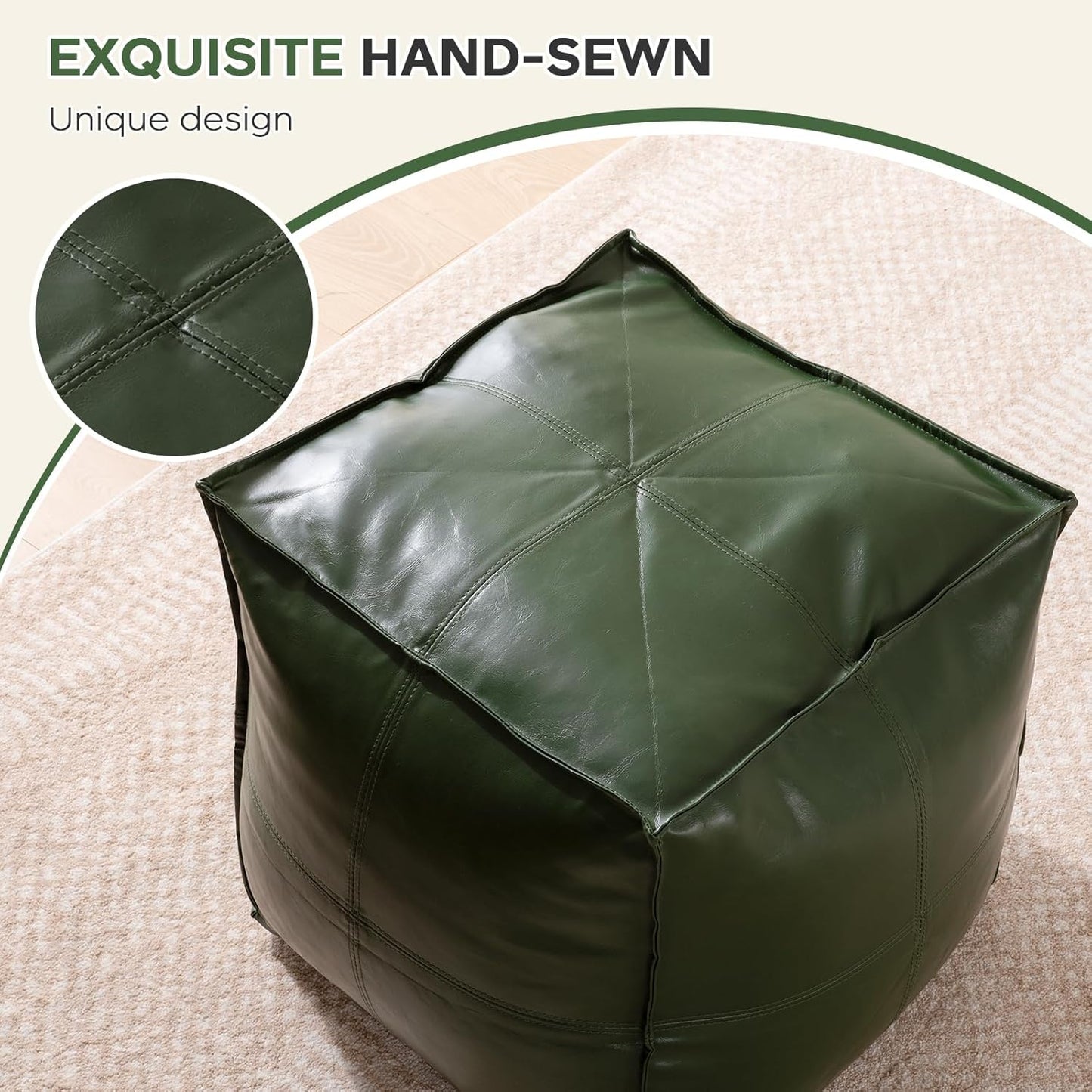 Unstuffed Pouf Cover, 17.7" Faux Leather Poofy Ottoman Cover, Square Footstool For Storage Living Room Decoration Foot Rest, Footrest for Bedroom Balcony Office Chair, (Only Cover, No Filler), Green