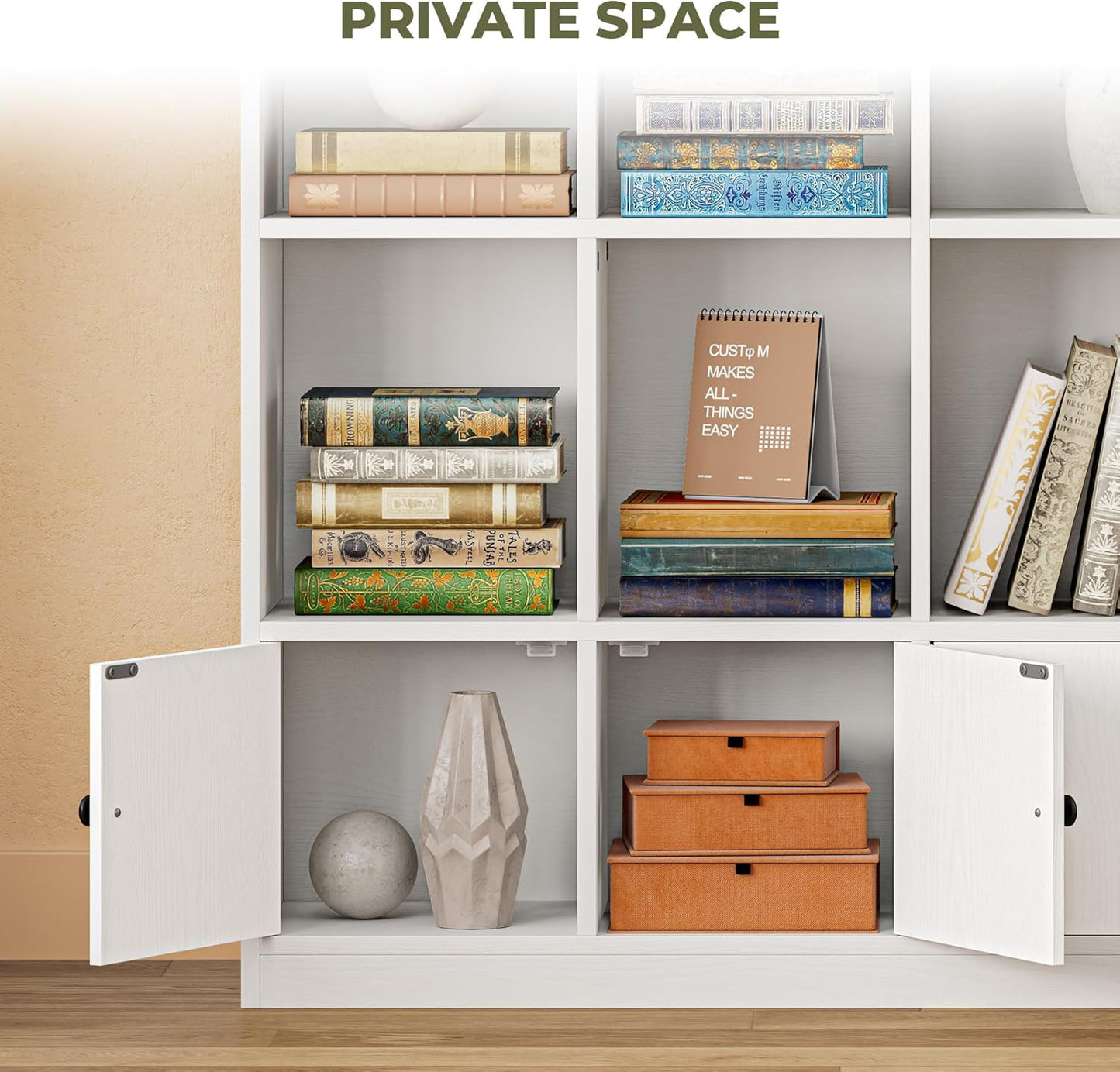 IRONCK Bookshelves and Bookcase, 6 Tiers Large Bookshelf with 4 Doors, Floor Standing Tall Display Storage Shelves for Home Office, Living Room, Bedroom, White