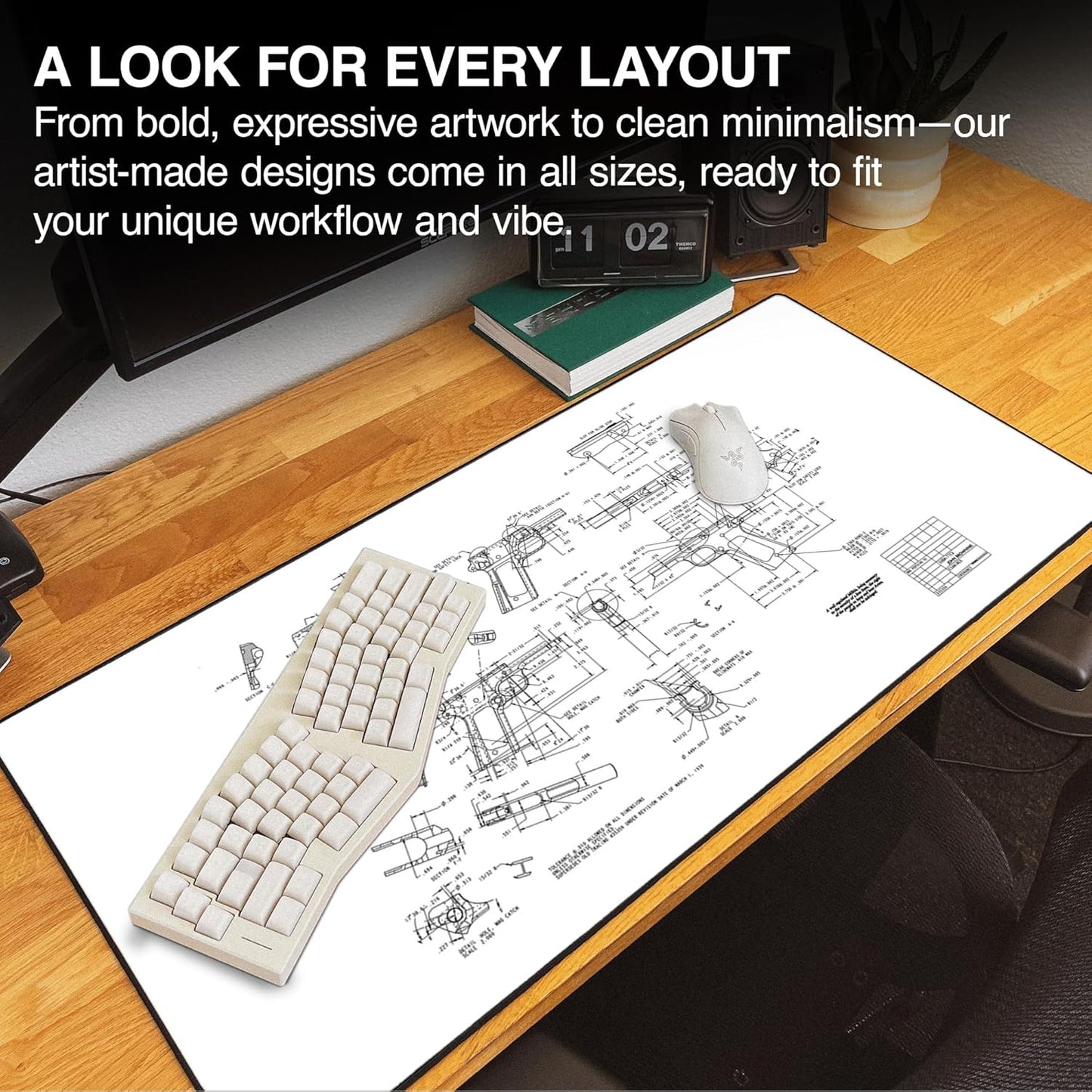 MPCO. Blueprints Large Gaming Desk Pad - 36" x 17" Duraglyde Fabric Browning 1911 – White Desk Mats - Non-Slip, Washable, Smooth Glide for Precision Gaming & Work