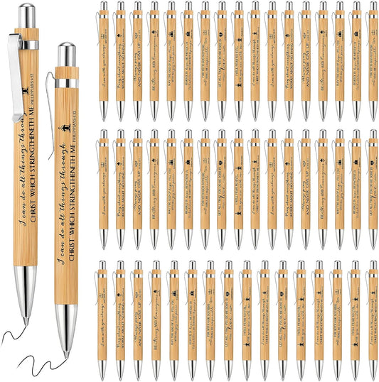 50 Pack Bible Verse Bamboo Retractable Ballpoint Pens Christian Inspirational Bible Verse Ballpoint with Black Ink Pen for Journal Writing Office Supplies Religious Gifts for Men Women(Classic Color)