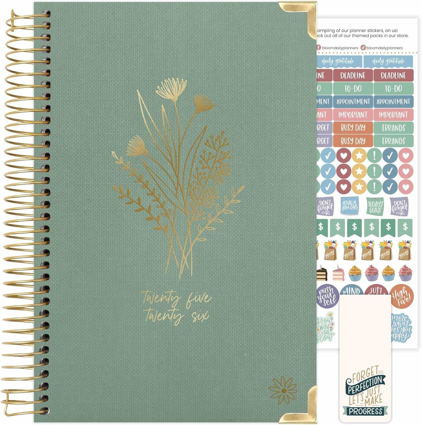 bloom daily planners HARDCOVER 2025-2026 Academic Year Planner (July 2025 - July 2026) - A5 Task Goal Organizer - Aesthetic Monthly & Weekly Inspirational Agenda Book - 5.5" x 8.25" - Green Linen
