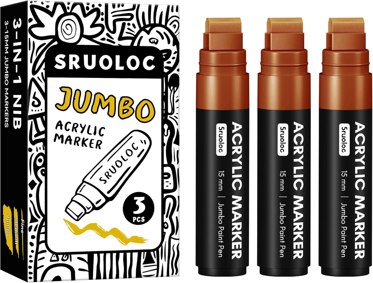3 Jumbo Permanent Markers Coffee Colors, 15mm Thick Wide Tip, Large Acrylic Paint Markers for Rock Painting, Poster, Graffiti, Stone, Ceramic, Glass, Wood, Canvas