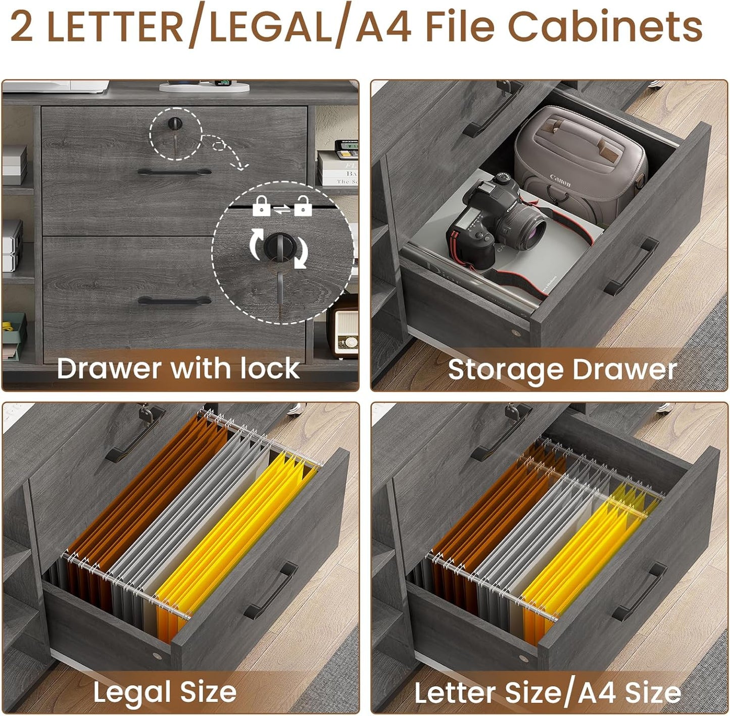SEDETA 44" File Cabinet, Filing Cabinet fits Legal/Letter Size, 2 Drawer File Cabinets for Home Office with Lock, Power Strip, 6 Storage Shelves, Grey