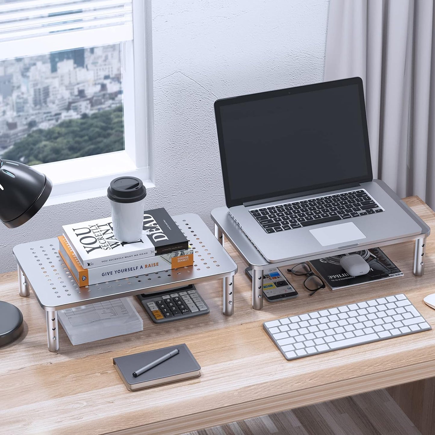 HUANUO Monitor Riser - 3 Height Adjustable Stand for Laptop, Computer, iMac, PC, Printer, Desktop Ergonomic Metal Monitor Riser with Mesh Platform