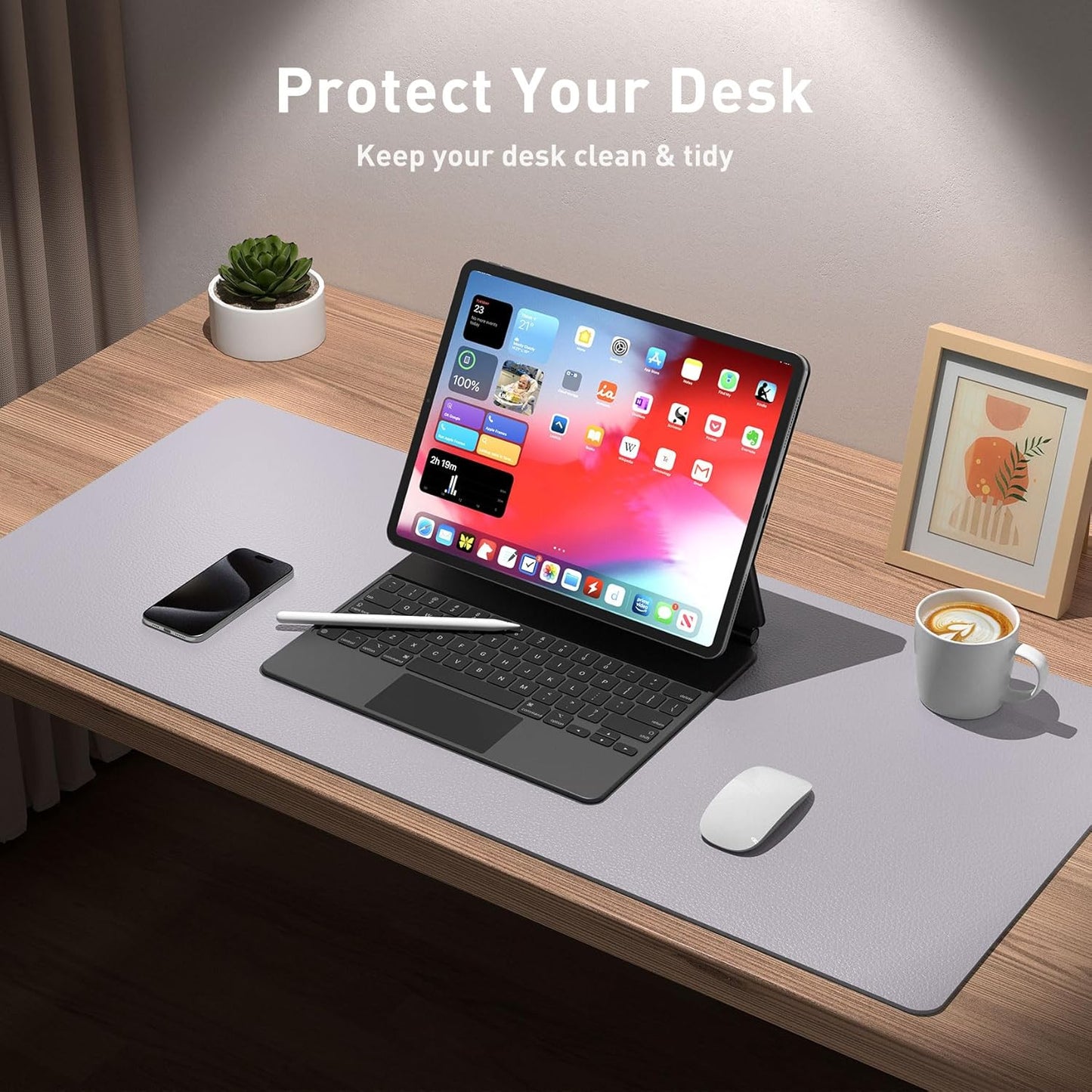 Aothia Large PU Leather Desk Pad Protector – Non-Slip Mouse Pad & Writing Mat for Office/Home, Waterproof, Easy to Clean (31.5" x 15.7", Smoky Lavender)