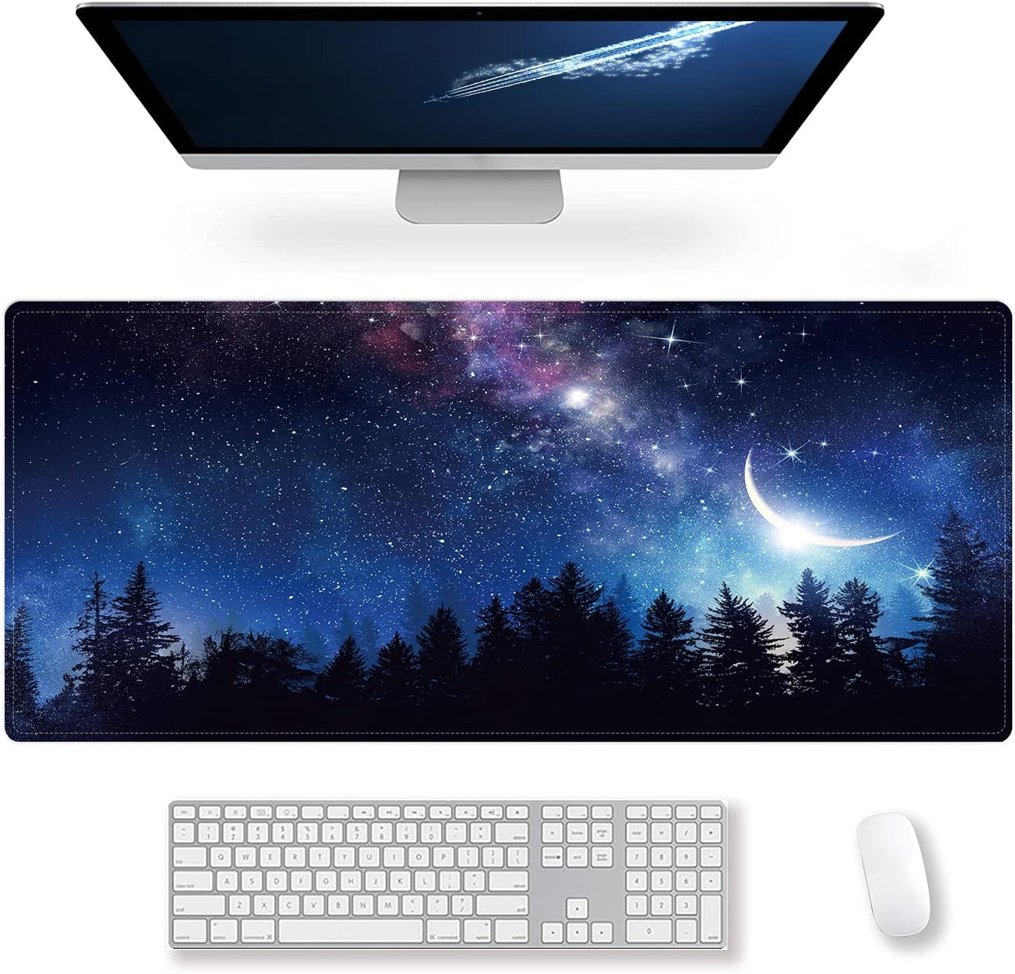 Extended Large Gaming Mouse Pad Starry Sky in The Forest XXL Size Keyboard Mouse Mat Desk Pad with Non Slip Rubber Base Stitched Edges Office Decor for Women Girls Men,35.4 x 15.7inch