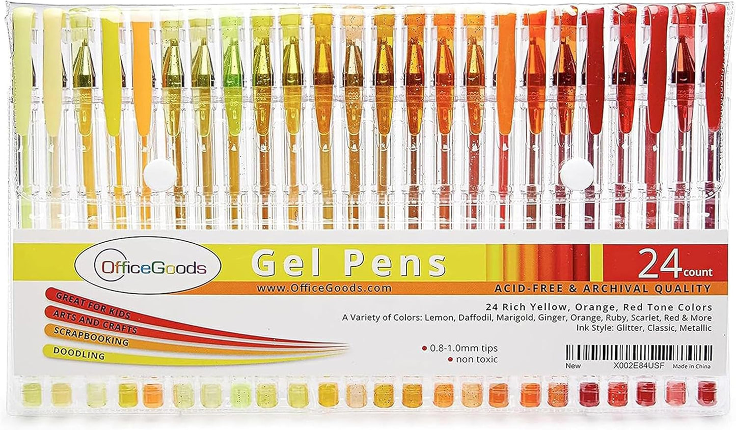 OfficeGoods Yellow Orange Red Gel Pens with Refills – Neon Journaling Art – Medium 0.8-1.0mm Tips – Non-Toxic Gel Pens Set – Quick Dry Smudge-Free 24 Pack Colors