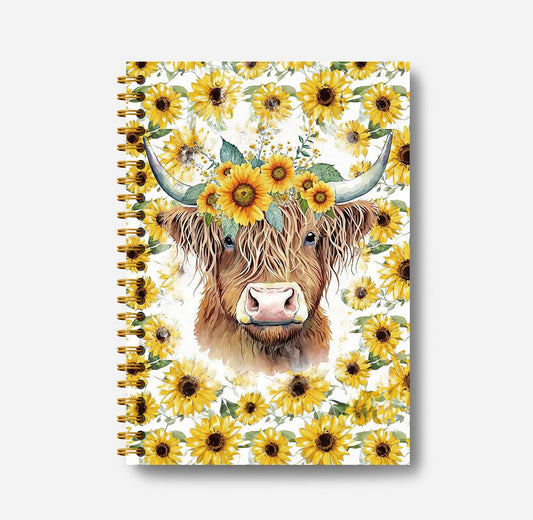 Highland Cow Notebook Journal - Sunflower Notebook, 5.5×8.3 Summer Sunflower Spiral Journal Notebook, Highland Cow Gifts, Cow Gifts for Women, 164 Pages