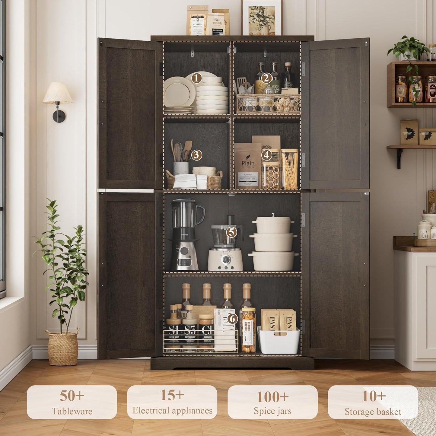 HOSTACK 64" Tall Pantry Cabinet, Modern Farmhouse Kitchen Pantry, Wood Bathroom Storage Cabinet, Large Bookcase, 4 Doors|Adjustable Shelves, for Dining Room, Living Room, Home Office, Dark Brown