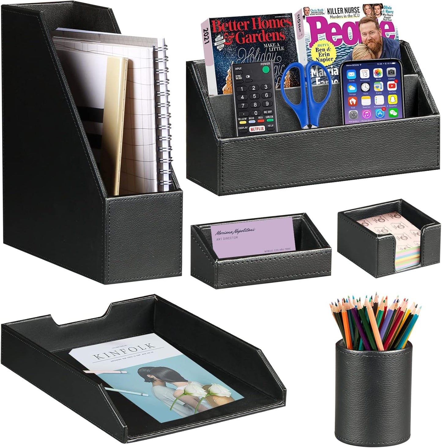 Ayunga PU Leather 6-piece Office Supplies Combination Set,Pencil Cup,Business Card Holder,Sticky Note Dispenser,Mail Sorter,Letter Tray,Files Holder,Suitable for Self-use and Friend Gifts(Black)