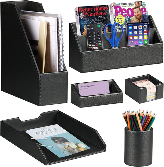 Ayunga PU Leather 6-piece Office Supplies Combination Set,Pencil Cup,Business Card Holder,Sticky Note Dispenser,Mail Sorter,Letter Tray,Files Holder,Suitable for Self-use and Friend Gifts(Black)