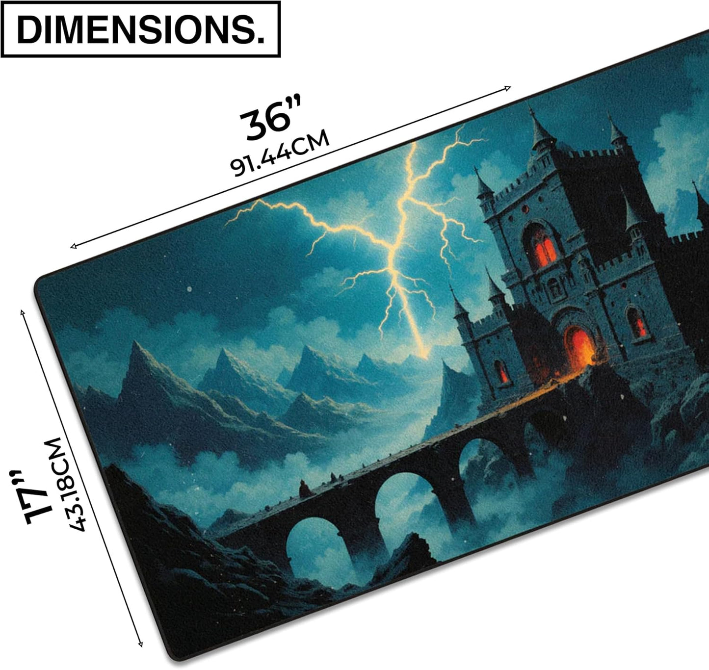 MPCO. Dark Fantasy Large Gaming Desk Pad - 36" x 17" Aeroglyde Fabric Thunder’s Wrath Keep Desk Mats - Non-slip, Washable, Smooth Glide for Precision Gaming & Work