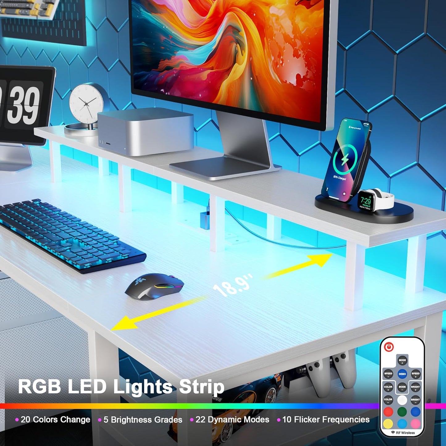 Furologee 61" Computer Desk with Power Outlet and LED Lights, Reversible Gaming Desk with File Cabinet & Monitor Stand for Home Office, Large Work Table with Storage Shelves & Drawer, White