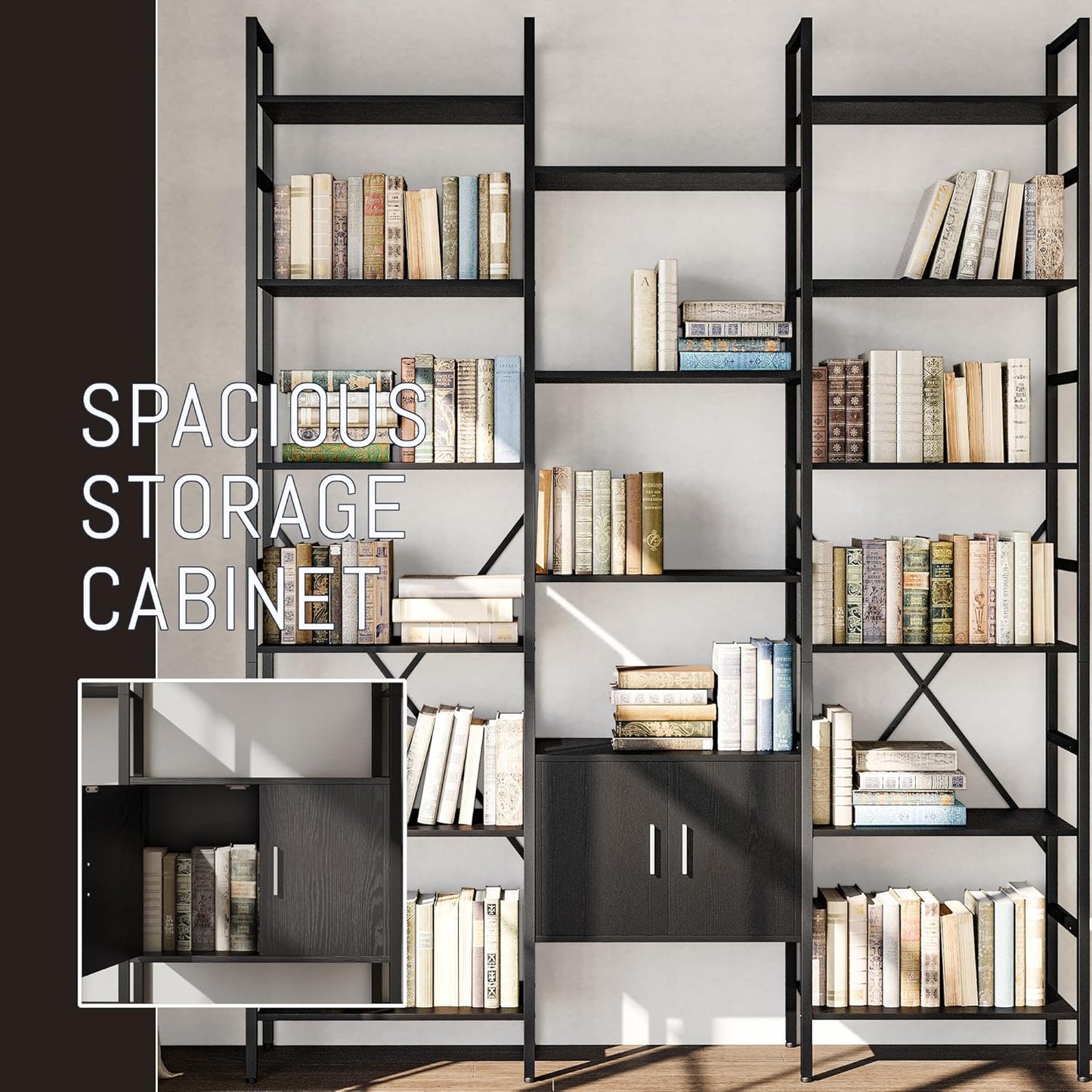 70x78 “ Triple 6 Tier Book Shelf, Industrial Large Bookcase with Storage Cabinet, Tall Bookshelf with 16 Open Display Shelves Metal Frame Furniture for Living Room Bedroom Home Office Black