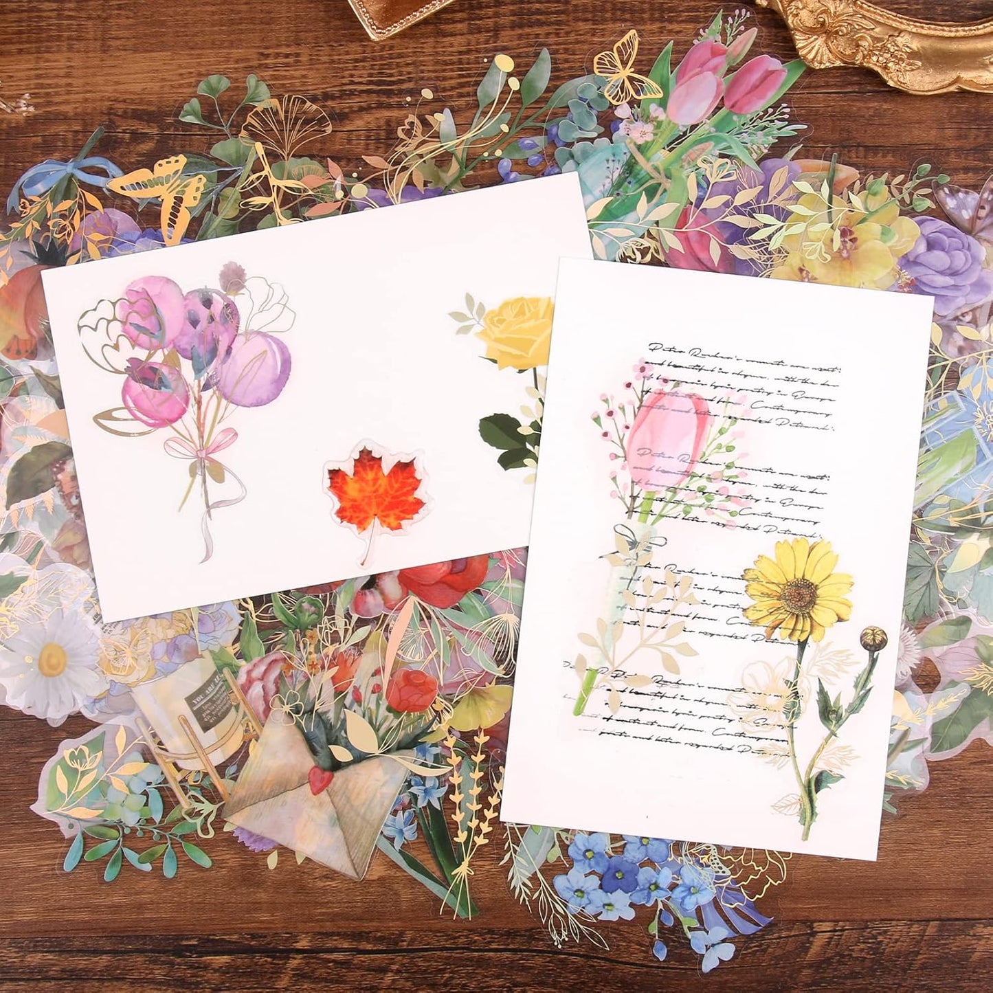 Dizdkizd Gilding Flower Stickers (240 Pieces) - Glitter Watercolor Transparent Stickers for Card Making Scrapbooking Envelopes Wrapped Gifts Arts and Crafts Journaling