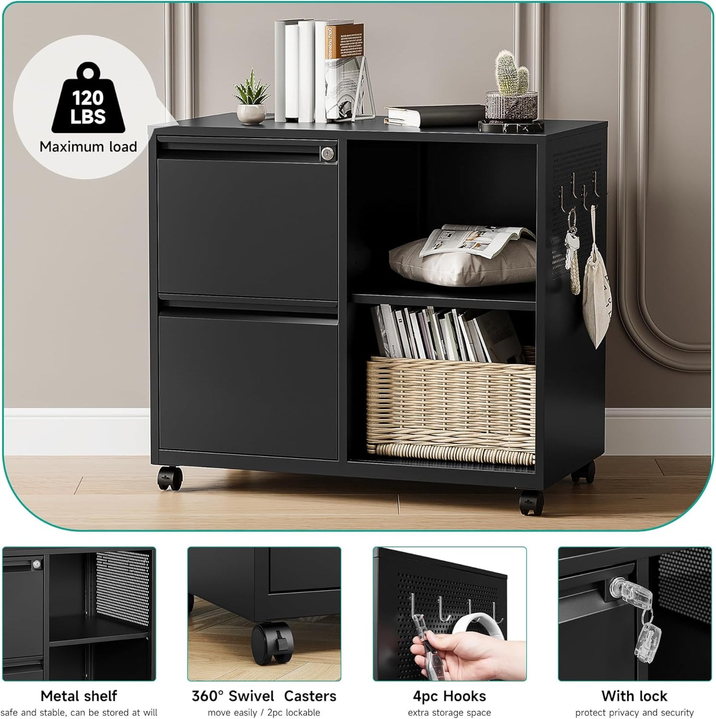 SISESOL 2 Drawer File Cabinet with Lock and Shelf,Mobile Lateral Filing Cabinet,Metal Filing Cabinets with Open Storage Shelves Organizer for Home Office Fit Legal/Letter A4 Size (Black)