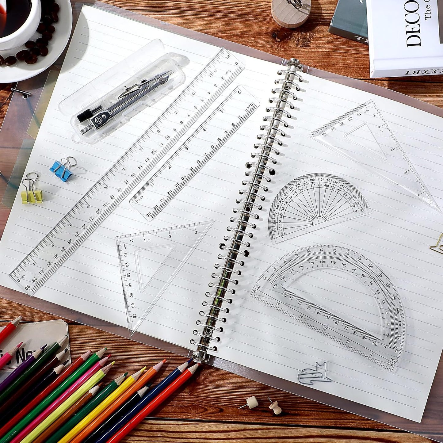 Zonon 1 Set Plastic Geometry Math Set Includes Drawing Compass, 6 and 4 Inch Protractor, 45/60 Degree Triangle Rulers 12 and 6 Inch Math Ruler Transparent for Office Supplies(Clear)