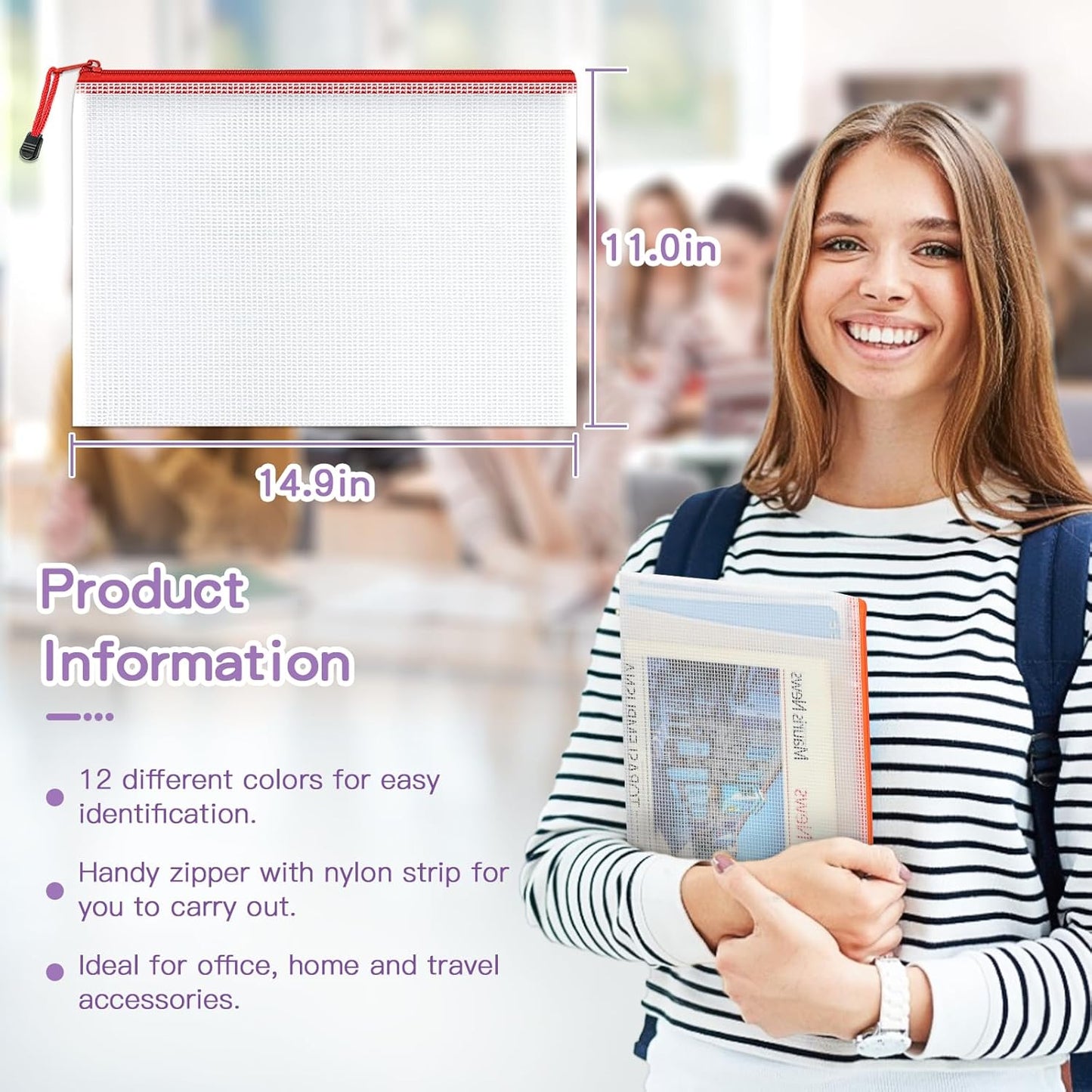 Umriox Mesh Zipper Pouch, 14.9x11.0 in (12 Colors, 36 Packs), Zipper Bags, Board Game Storage Bags, Clear Zipper Pouches for Puzzles, Games, Cross Stitch Projects and Classroom Supplies